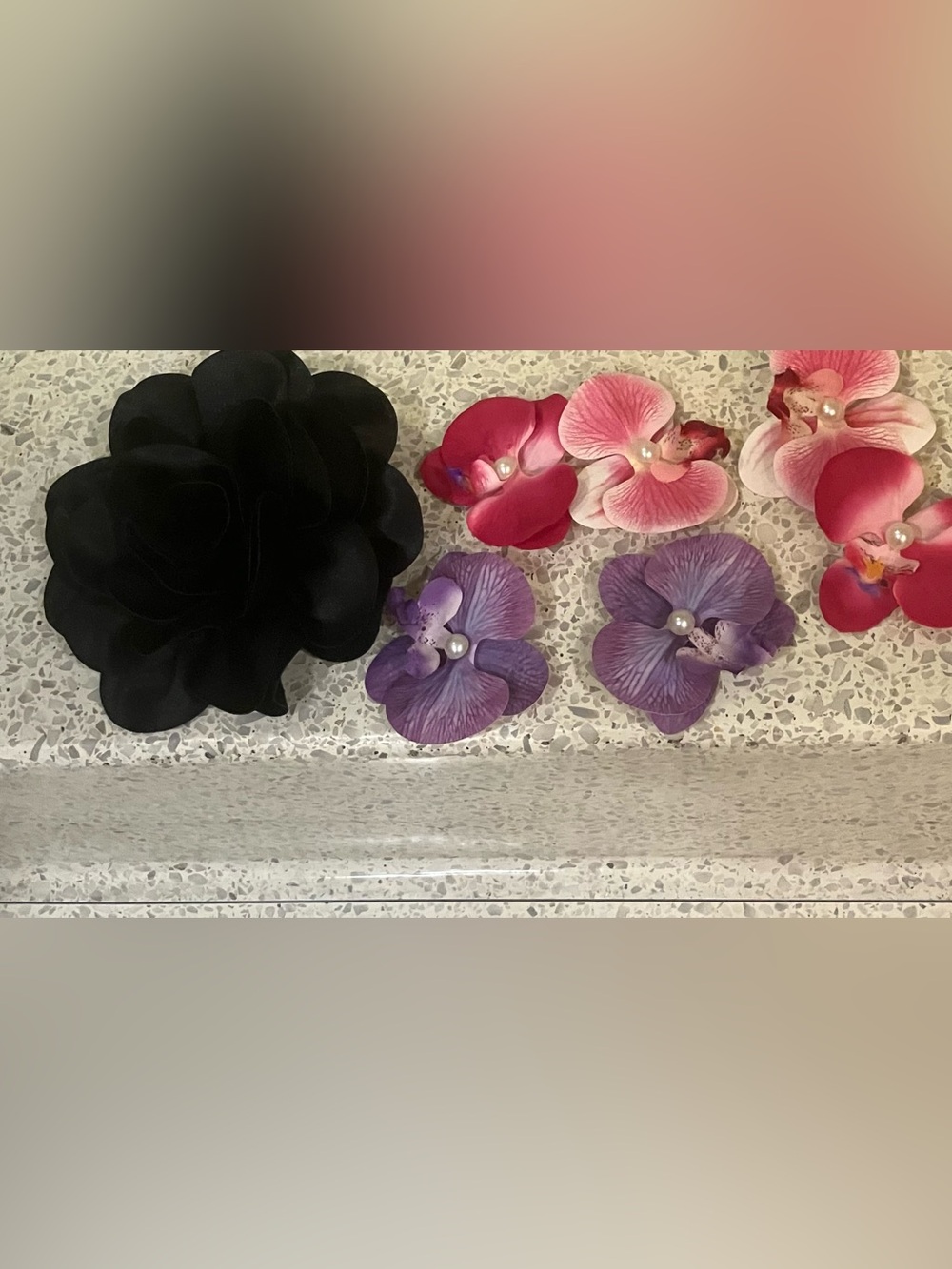 Black Satin Flower Hair Clip with Assorted 6 3” Purple and Pink  Orchid Clips 🌺